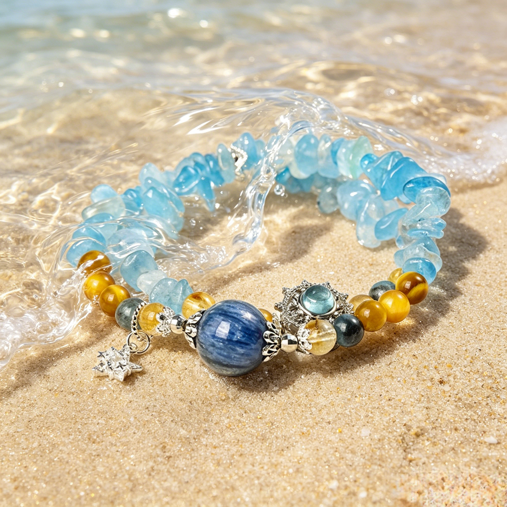 Women Handmade Ocean Aquamarine Kyanite Citrine Spiritual Bracelet Seawater Charged Aura Cleanse Stress Relief Wealth Attracting Sea Crystal Talisman For Ladies