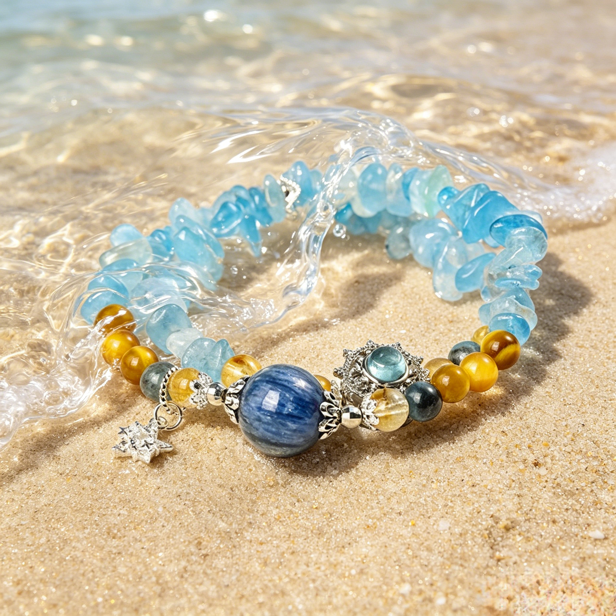 Women Handmade Ocean Aquamarine Kyanite Citrine Spiritual Bracelet Seawater Charged Aura Cleanse Stress Relief Wealth Attracting Sea Crystal Talisman For Ladies