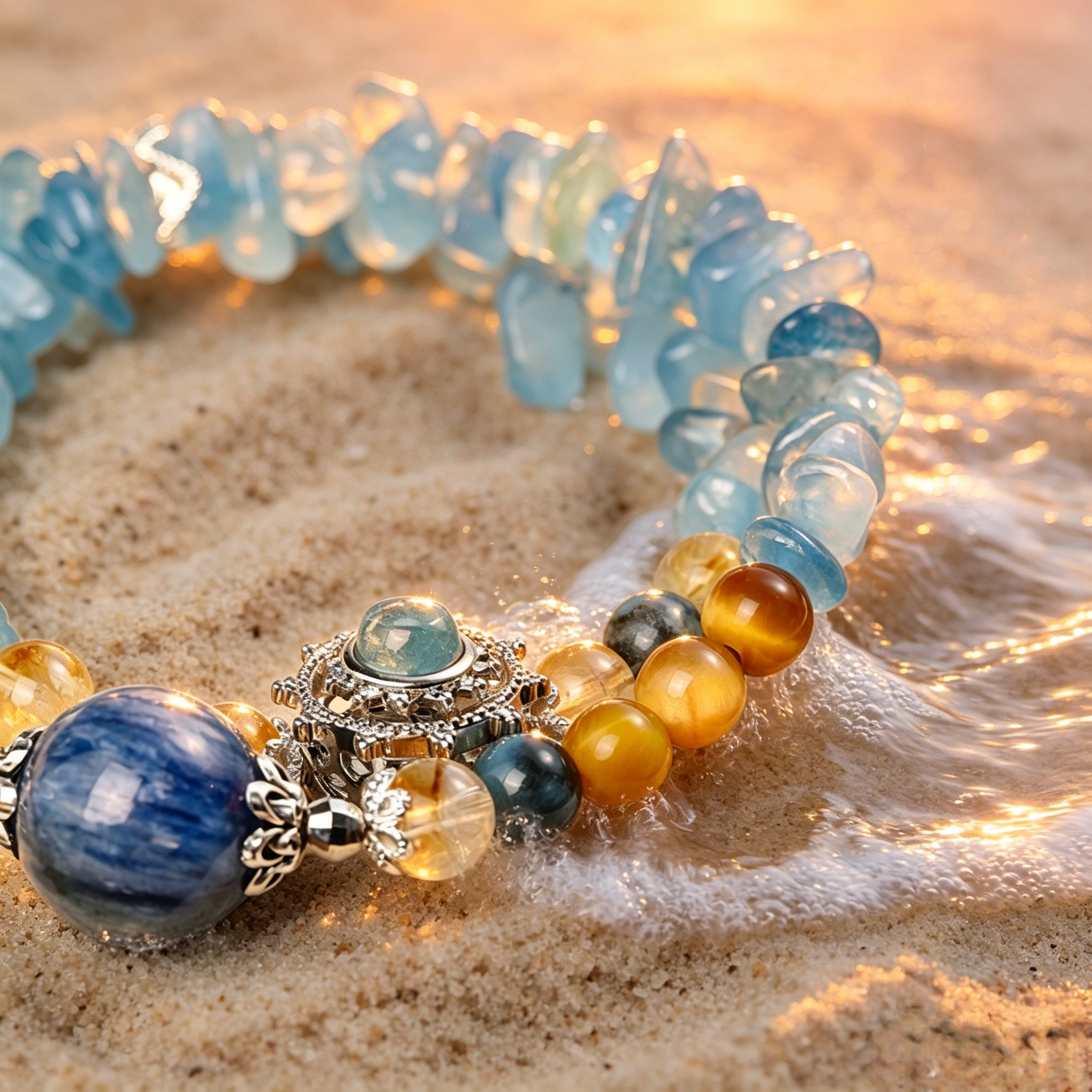 Women Handmade Ocean Aquamarine Kyanite Citrine Spiritual Bracelet Seawater Charged Aura Cleanse Stress Relief Wealth Attracting Sea Crystal Talisman For Ladies
