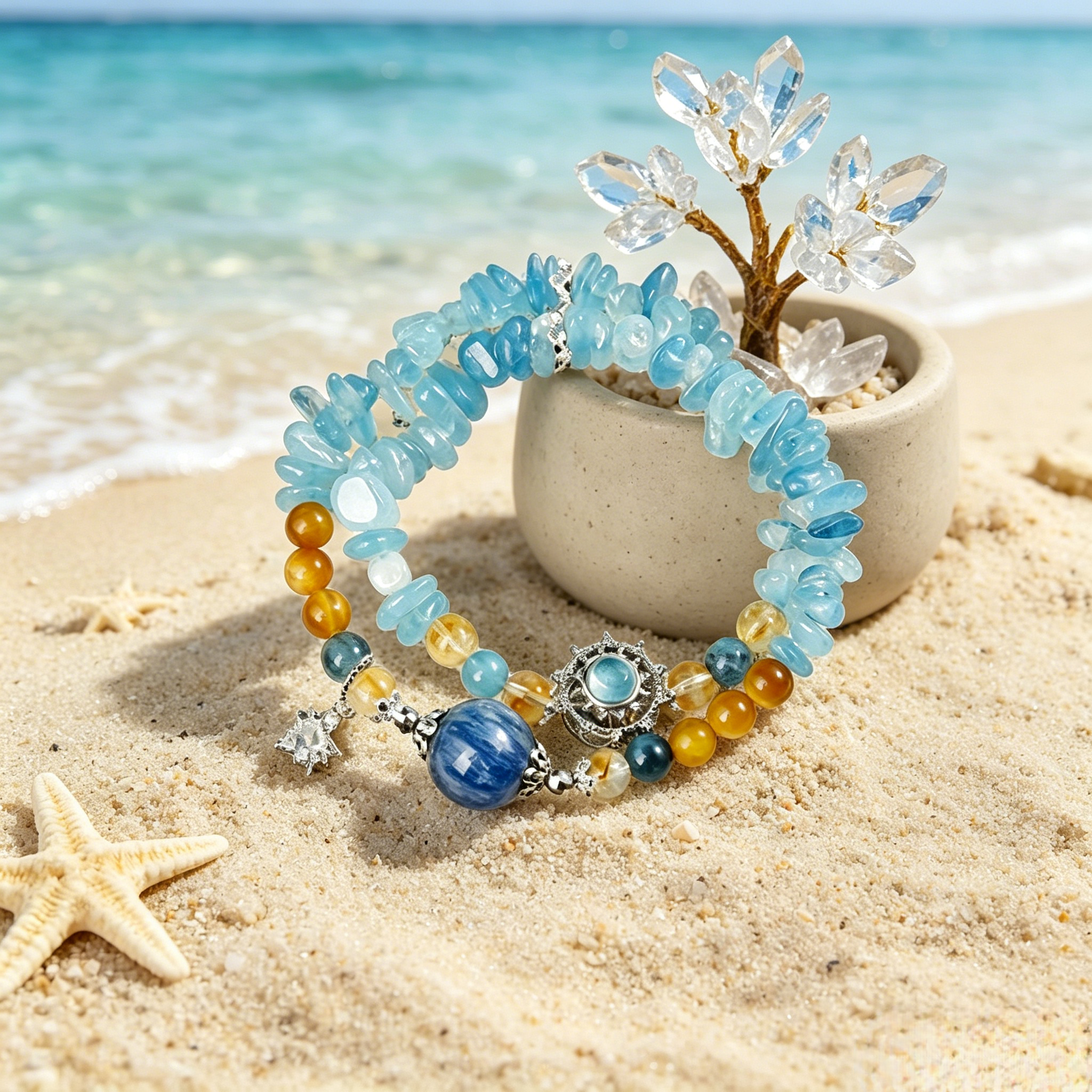 Women Handmade Ocean Aquamarine Kyanite Citrine Spiritual Bracelet Seawater Charged Aura Cleanse Stress Relief Wealth Attracting Sea Crystal Talisman For Ladies