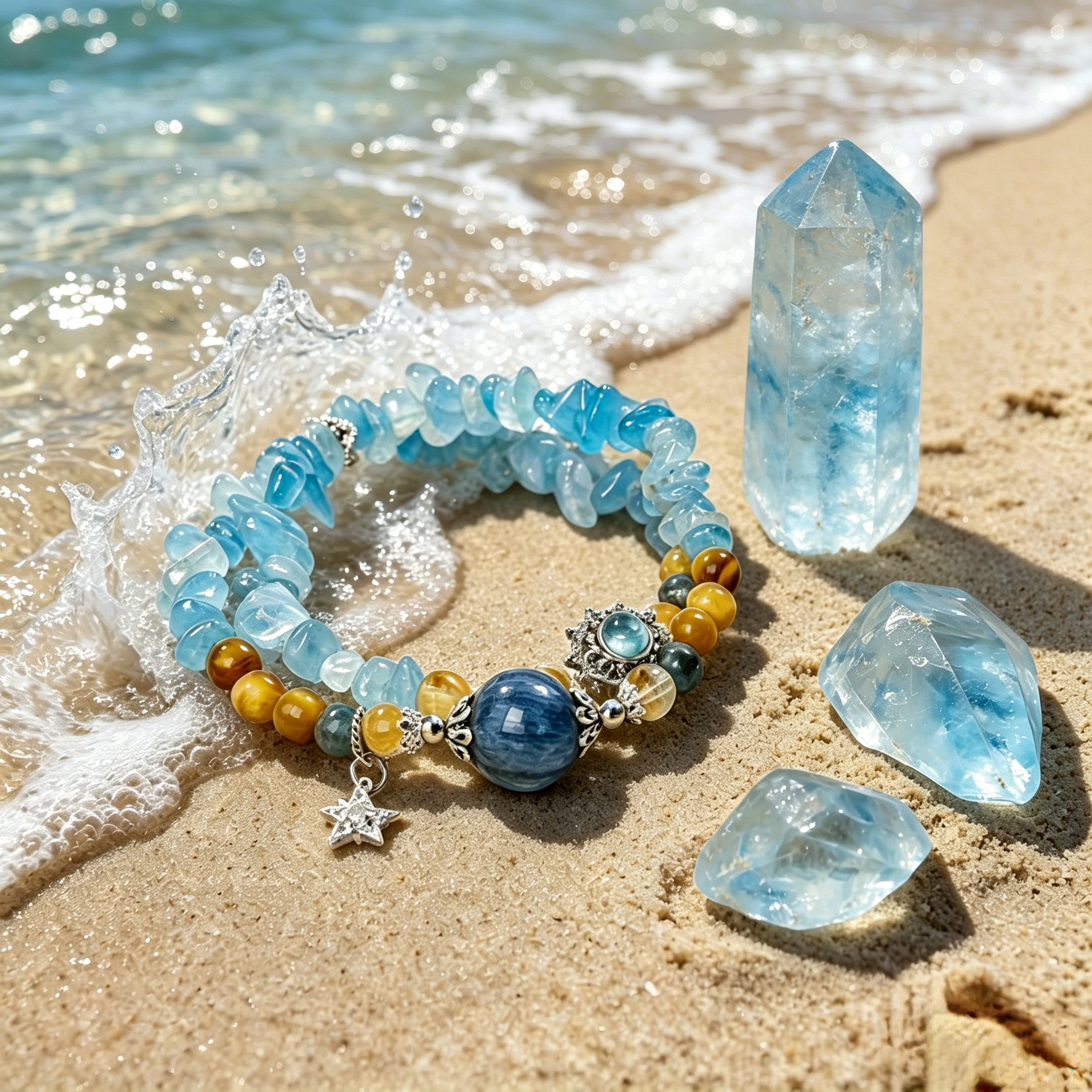 Women Handmade Ocean Aquamarine Kyanite Citrine Spiritual Bracelet Seawater Charged Aura Cleanse Stress Relief Wealth Attracting Sea Crystal Talisman For Ladies