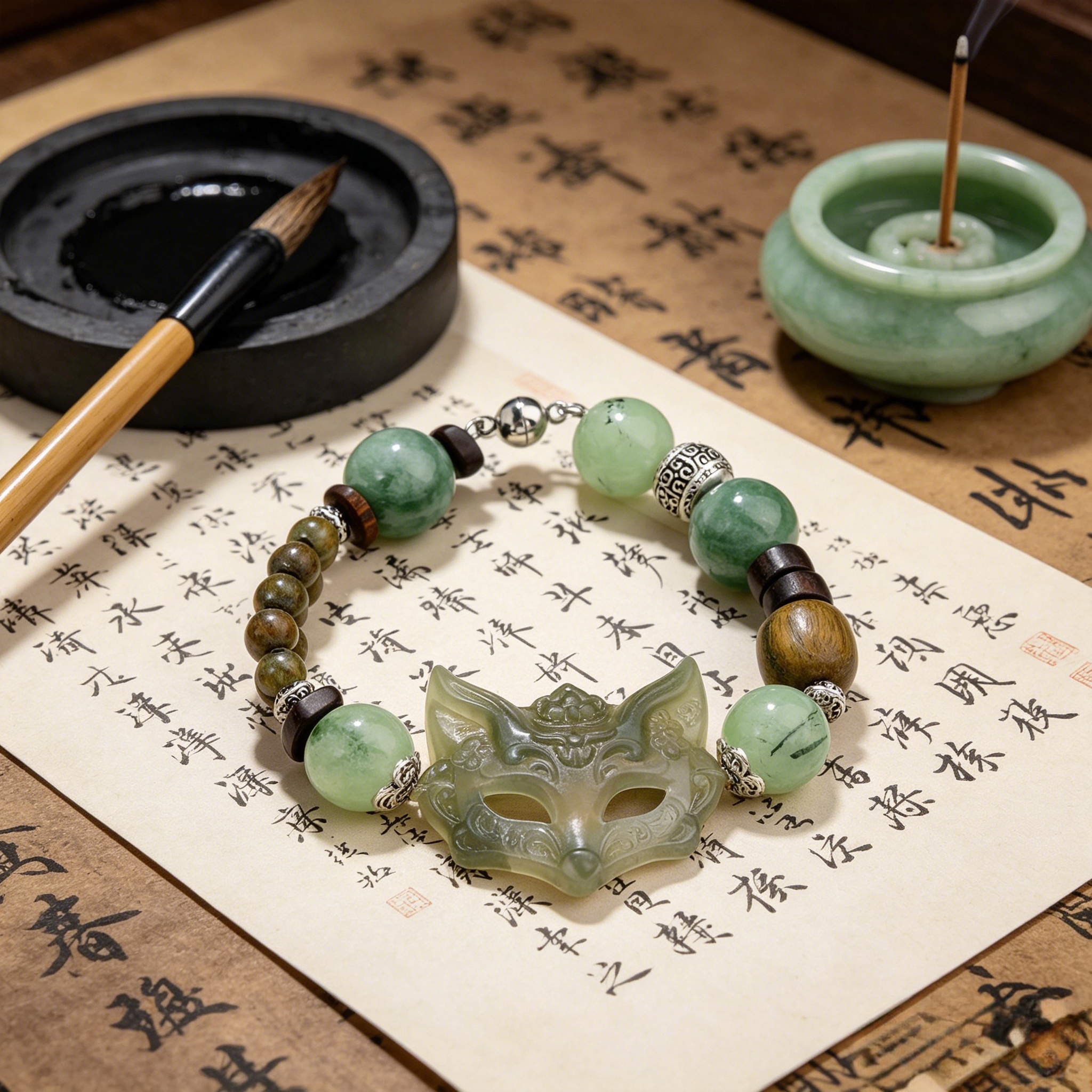 Fortunia Sacred Nine-Tailed Fox Talisman Bracelet For Women | Custom Name Aura Lock Block Envy Slander Attract Loyal Love & Noble Luck Green Prehnite Sandalwood Spiritual Bracelet