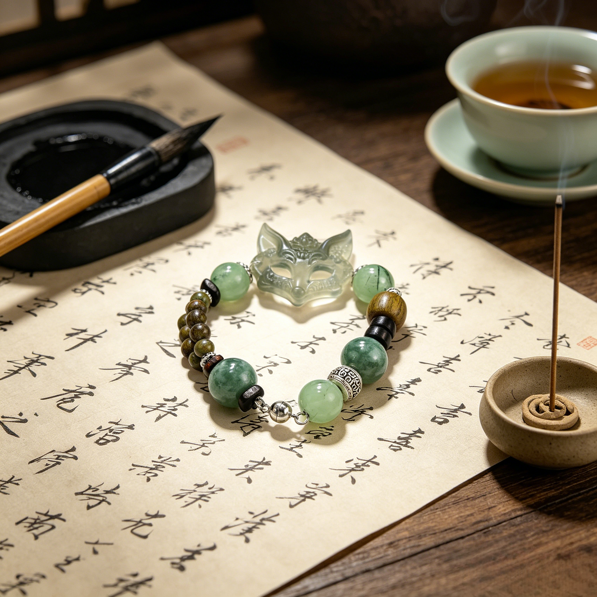 Fortunia Sacred Nine-Tailed Fox Talisman Bracelet For Women | Custom Name Aura Lock Block Envy Slander Attract Loyal Love & Noble Luck Green Prehnite Sandalwood Spiritual Bracelet