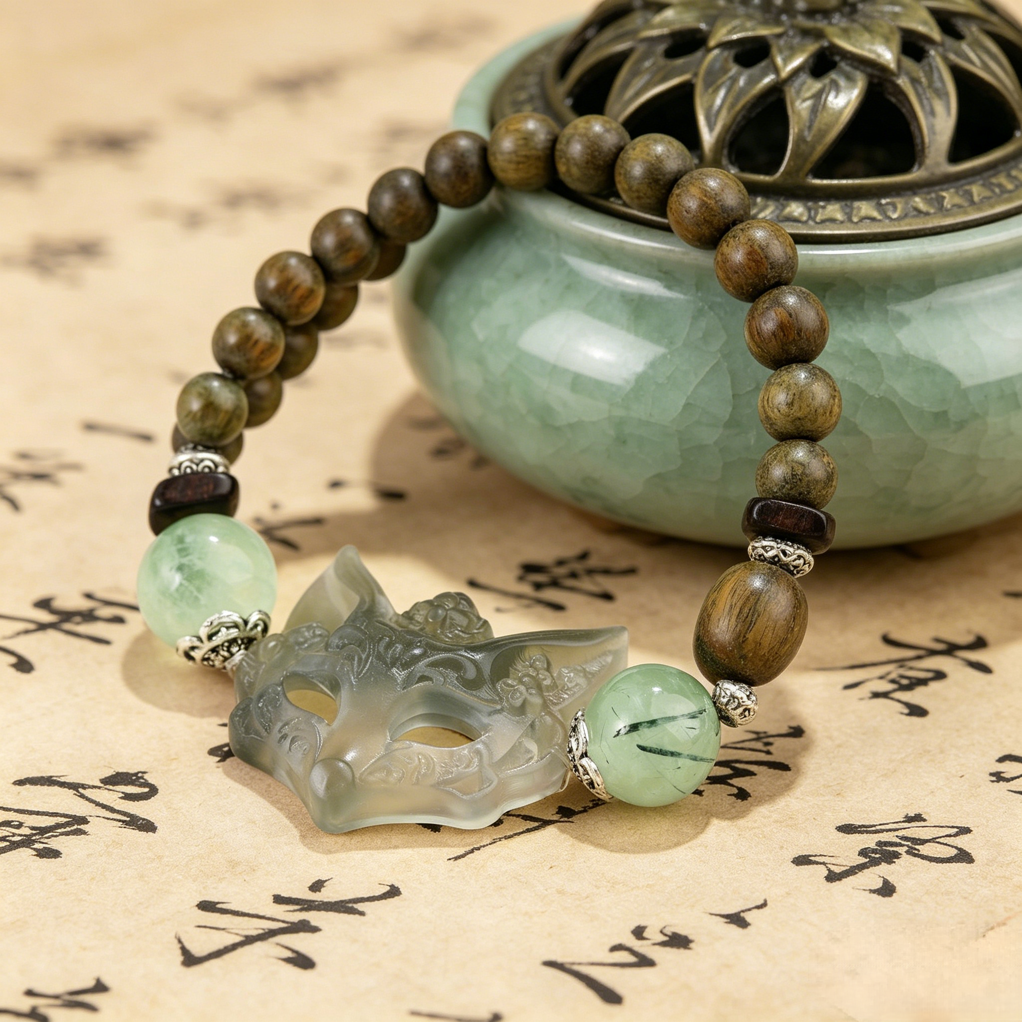 Fortunia Sacred Nine-Tailed Fox Talisman Bracelet For Women | Custom Name Aura Lock Block Envy Slander Attract Loyal Love & Noble Luck Green Prehnite Sandalwood Spiritual Bracelet